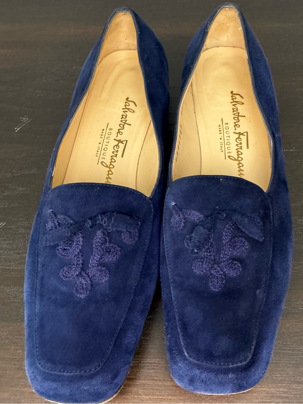 Salvatore Ferragamo Vintage Navy Blue Suede Low Block Heel Square Toe Loafers7.5